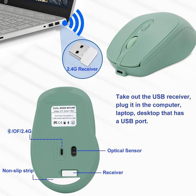2.4G Receiver / OF / 2.4G DUAL-MODE MOUSE  
Voltage: 1.7V  
Current: 15mA  
TESTED TO COMPLY  
FOR HOME OR OFFICE USE  

Take out the USB receiver, plug it in the computer, laptop, desktop that has a USB port.  

24G Optical Sensor  
Non-slip strip  
Receiver