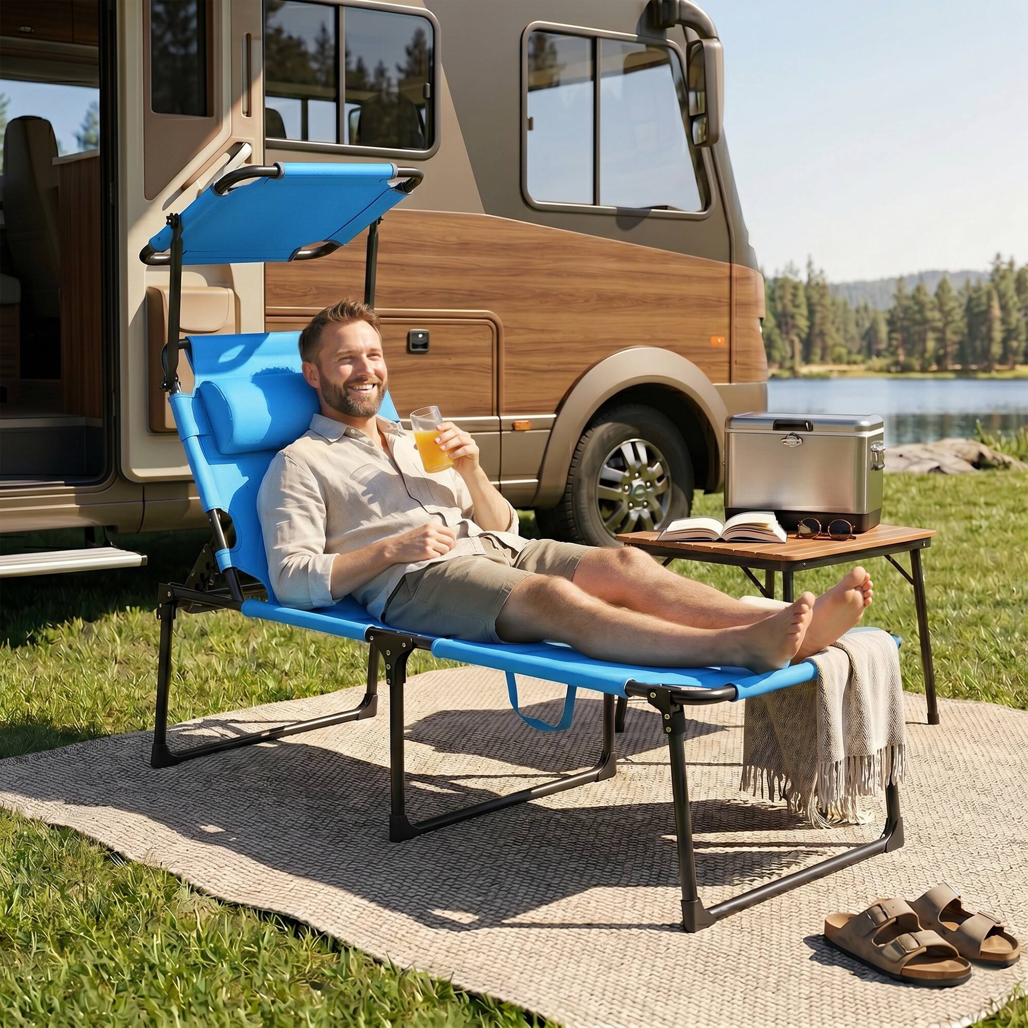 Alt View 6. Outsunny - Lounge Chair, 4 Position Adjustable Backrest, Folding - Light Blue.