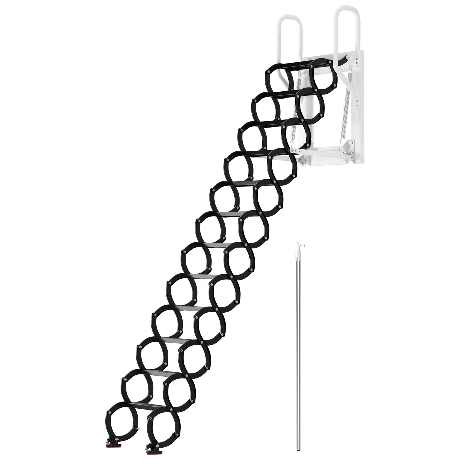 Angle. Topteng - 12-Step Wall Mounted Folding Ladder - Black Loft Attic Stairs, Alloy Steel, 600lb Load, Pull-Down Design for Home Attic - Black.