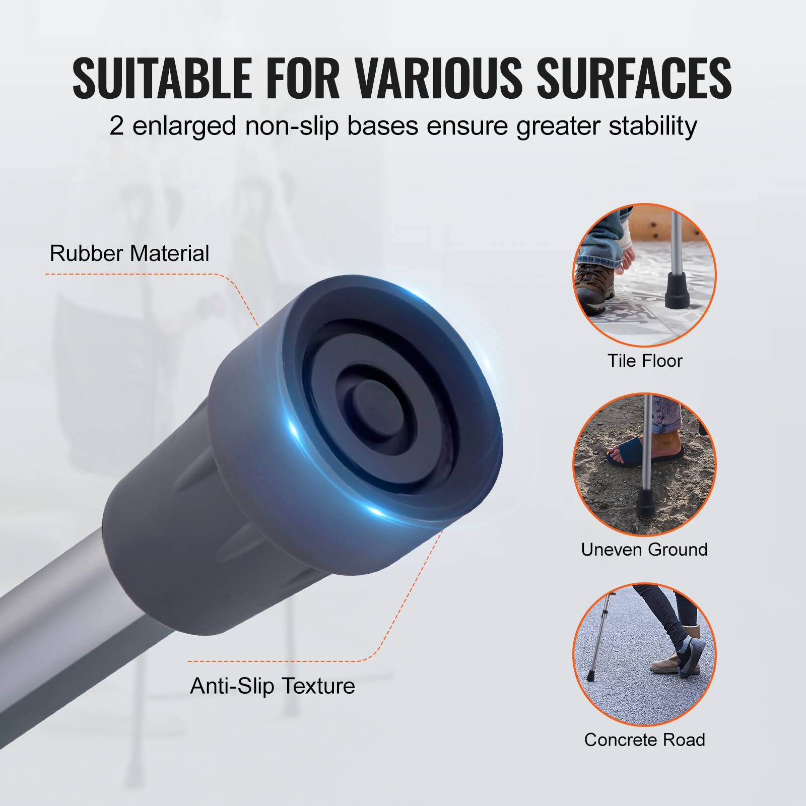 SUITABLE FOR VARIOUS SURFACES  
2 enlarged non-slip bases ensure greater stability  

Rubber Material  
Anti-Slip Texture  

Tile Floor  
Uneven Ground  
Concrete Road