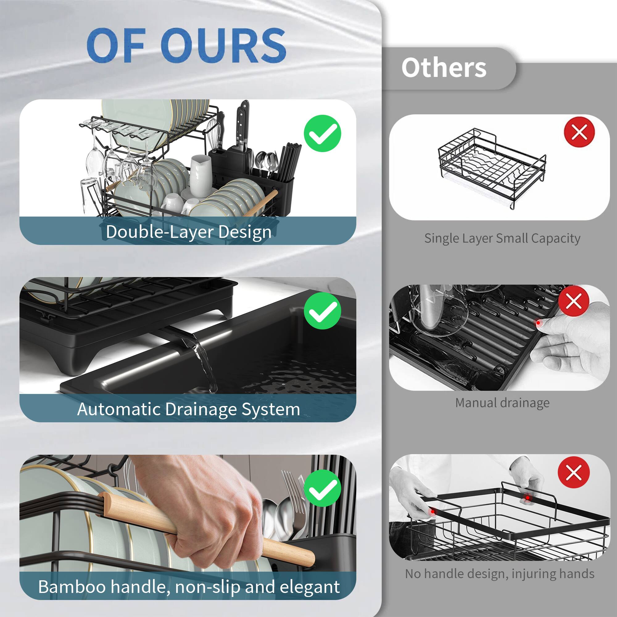 **OF OURS**

- Double-Layer Design
- Automatic Drainage System
- Bamboo handle, non-slip and elegant

**Others**

- Single Layer Small Capacity
- Manual drainage
- No handle design, injuring hands