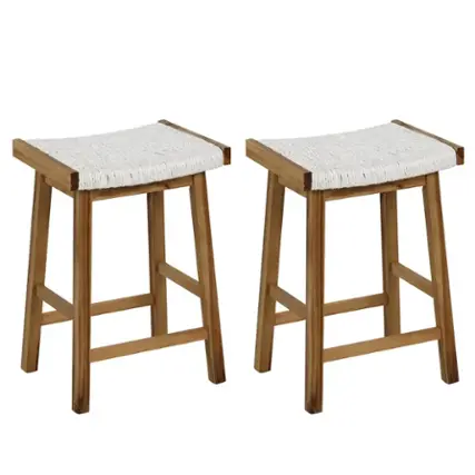 Costway 25.5" Dining Saddle Stool Set of 2 Counter Height Seaweed Woven Seat Solid Wood - Natural/Beige