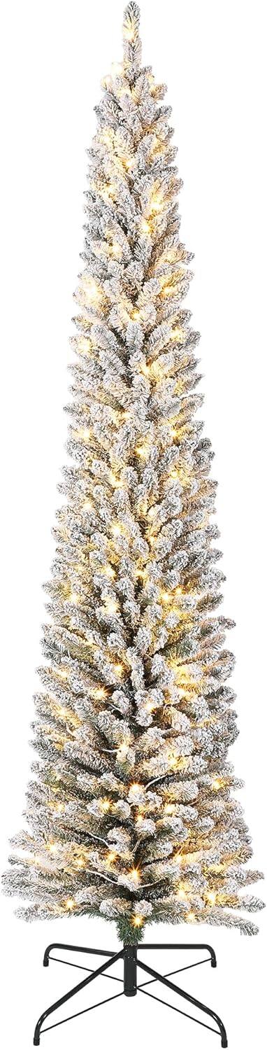 Front. Qeetex - 7.5FT Snow Flocked Pencil Christmas Tree, 329 Tips Slim Design with Metal Stand, Space-Saving Holiday Décor for Home - white.