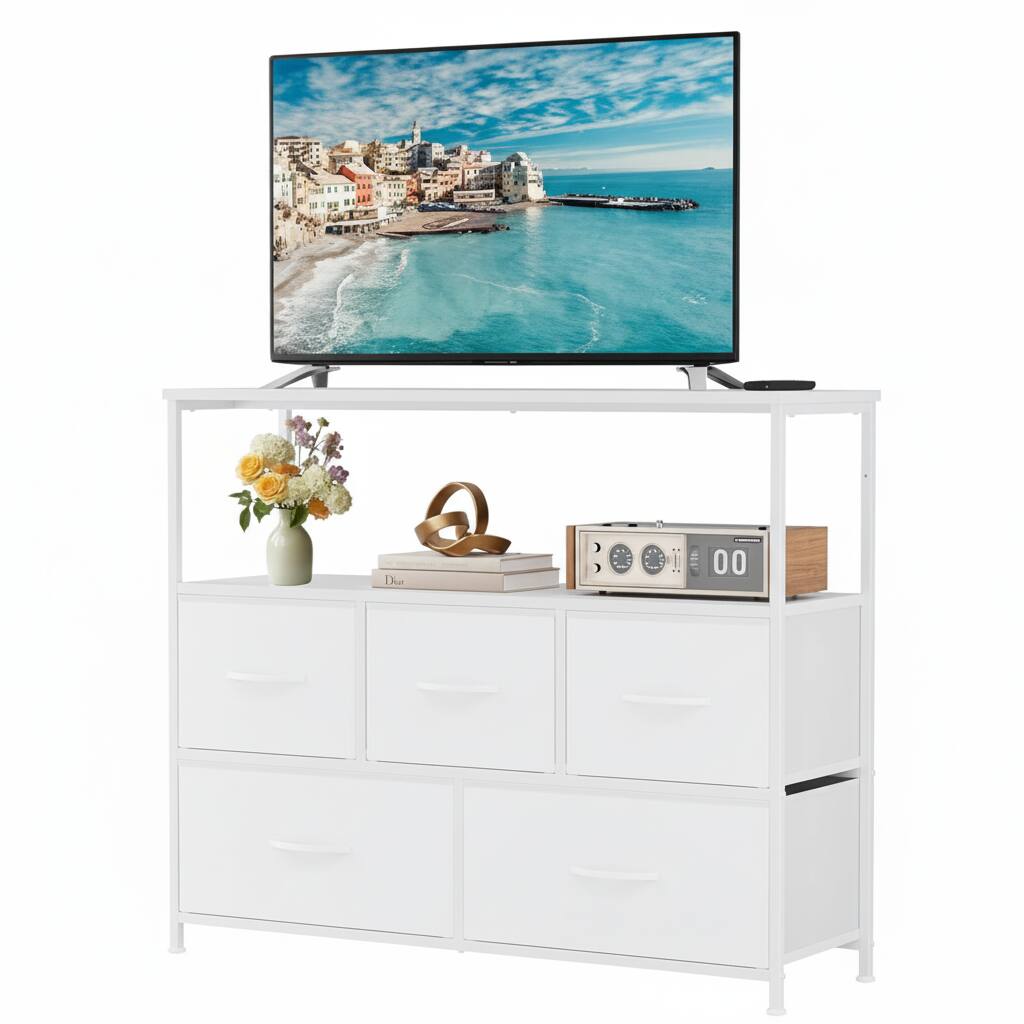 Front. AOITUN - White 5-Drawer Fabric Dresser, Wide TV Stand Media Console, Horizontal Storage Chest for Bedroom - White.