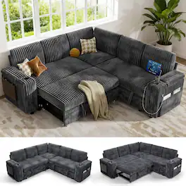 Dyonery - 5 Seat Modular Sectional Sleeper Sofa with Pull Out Bed, L Shaped with Reclining Backrest,Corduroy Gray - Gray