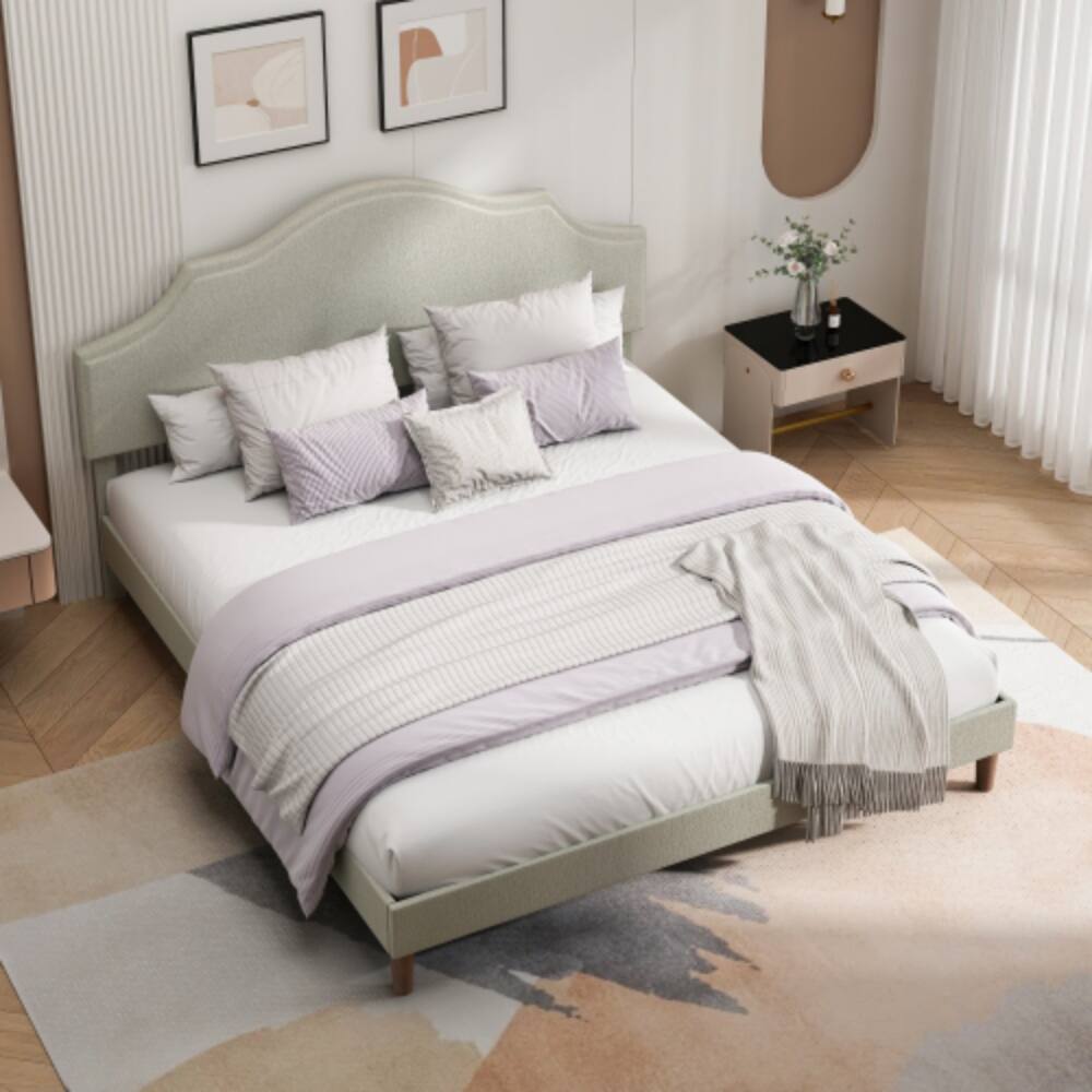 Angle. LUCKY ONE - King Size Platform Bed with Adjustable Headboard - No Box Spring Needed, 1000 lbs Cap - Beige.