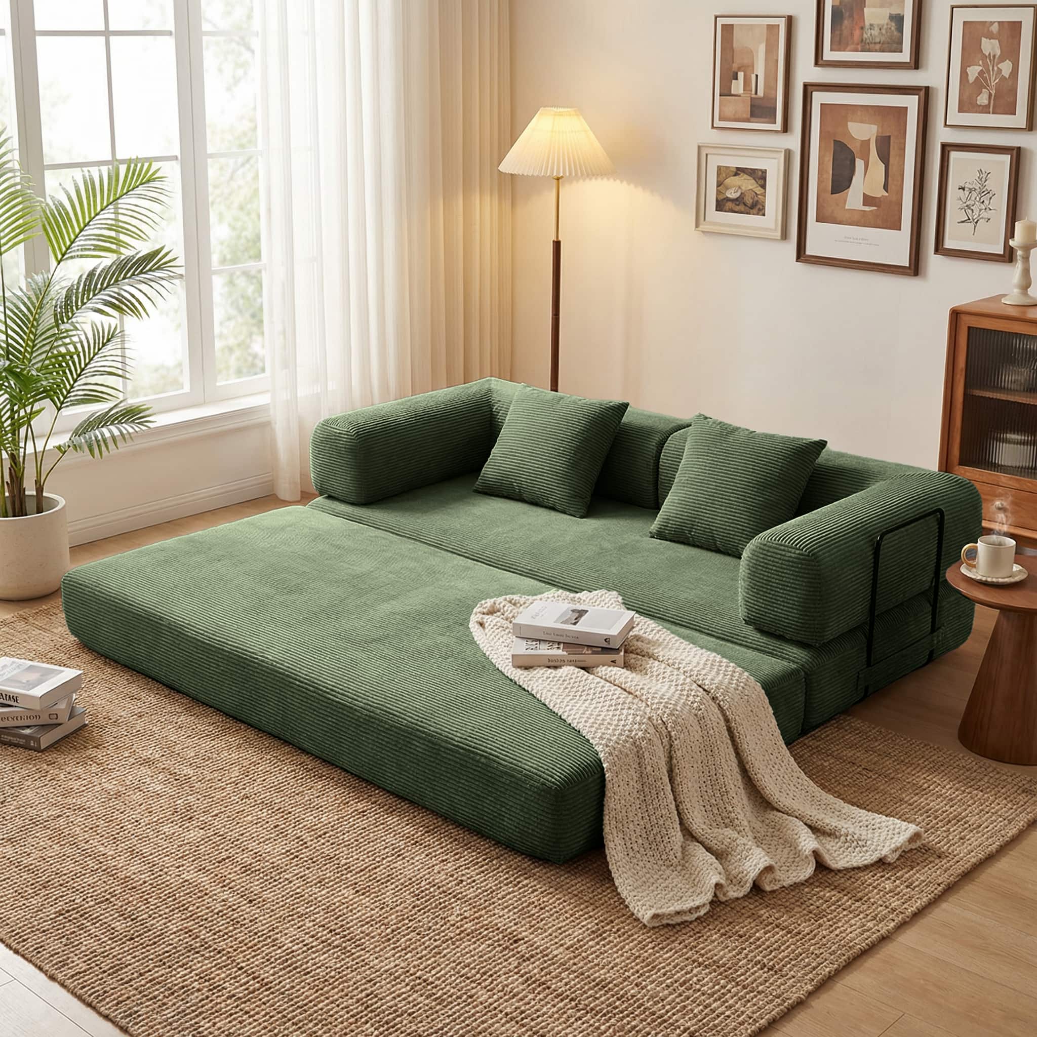 Anysun - 78.7" Convertible Sofa Bed, 2-in-1 Foldable Futon with Removable Pillows, Space-Saving Sleeper - Army Green