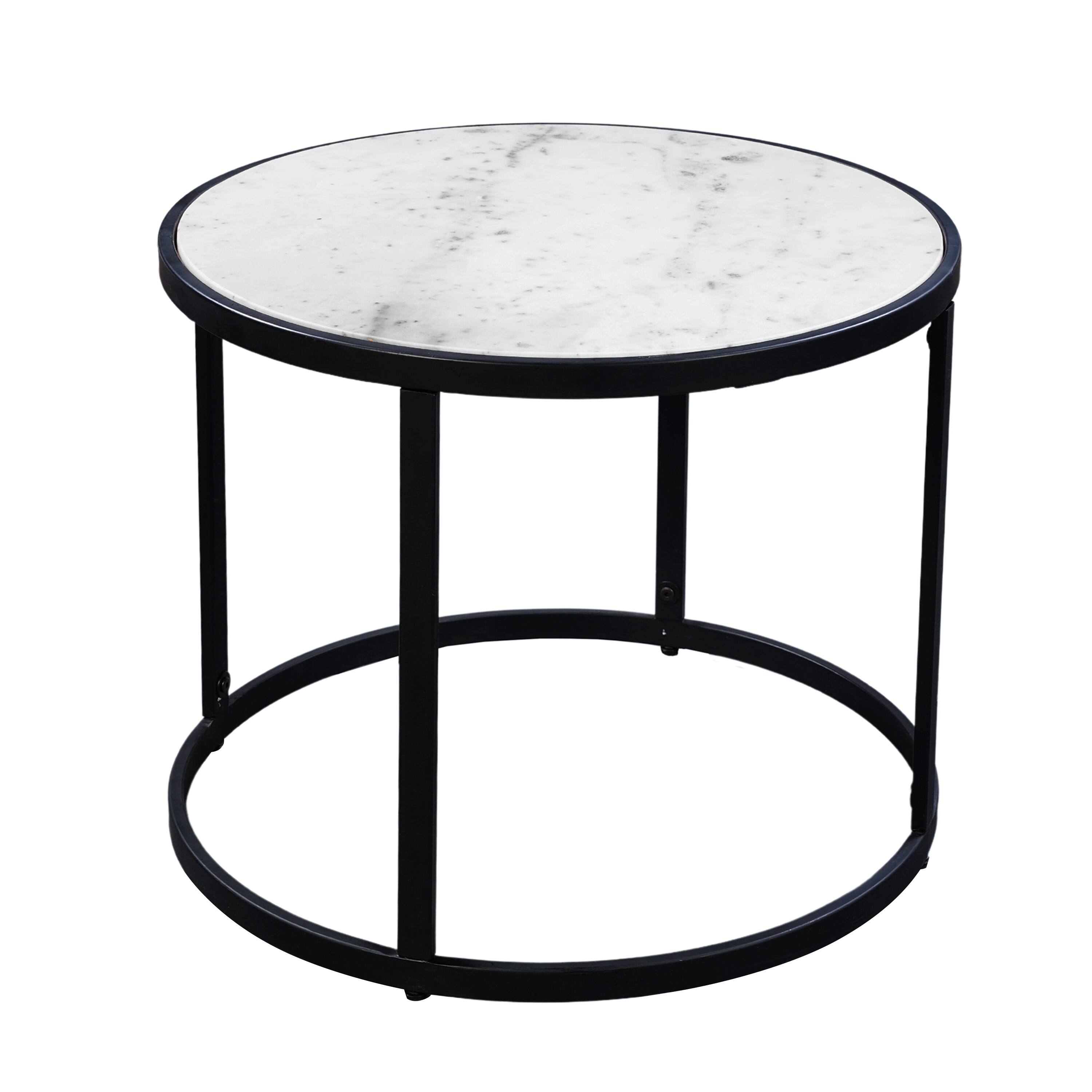 Alt View 1. Manhattan Lane - 23 Inch Side End Table, Modern Round White Natural Marble Top, Classic Black Iron Frame - Black, White.