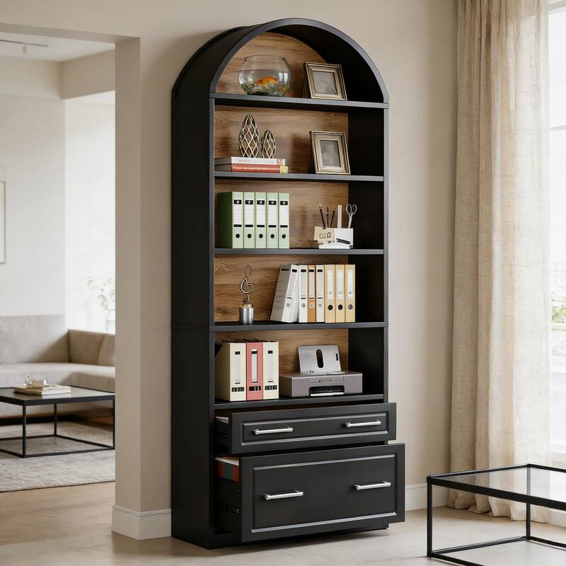 Alt View 1. HTUTWOO - 5-Tier Arched Bookshelf, Sturdy with Drawers, Ample Storage Anti-Tip for Living Room Home Office Bedroom - Black.