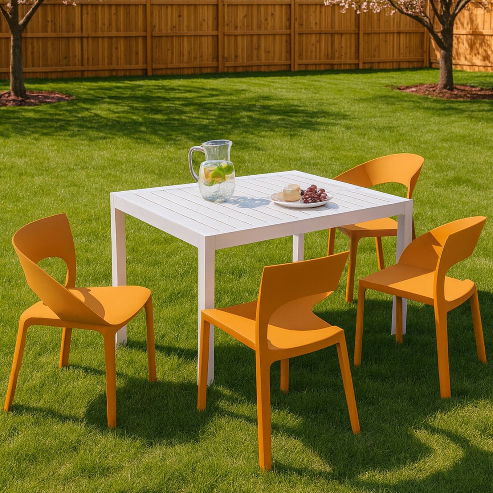 Left. Mondawe - 5-Piece Outdoor Dining Set – 55 Inch Table with 4 PP Chairs, Lightweight PP Tabletop with Metal Frame - Orange+White.