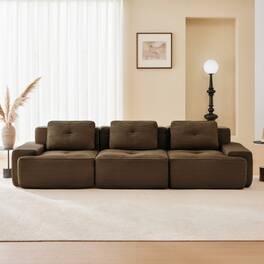 Anysun - 117" Corduroy Modular Sectional Sofa - Oversized 3-Seat Deep-Seat Couch, Pearl Piping, Tufted, Buckle Connection - Brown