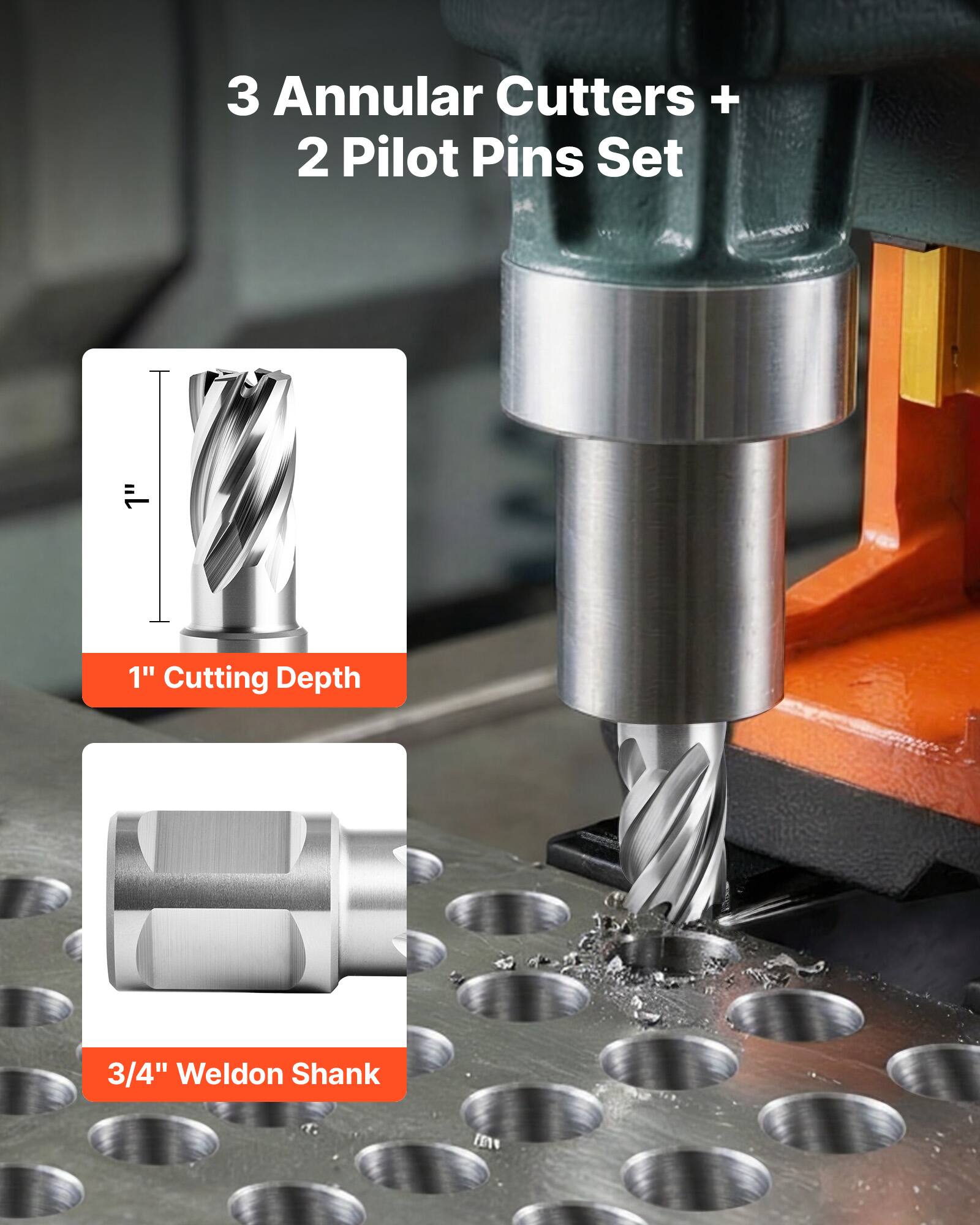 3 Annular Cutters + 2 Pilot Pins Set  
1" Cutting Depth  
3/4" Weldon Shank