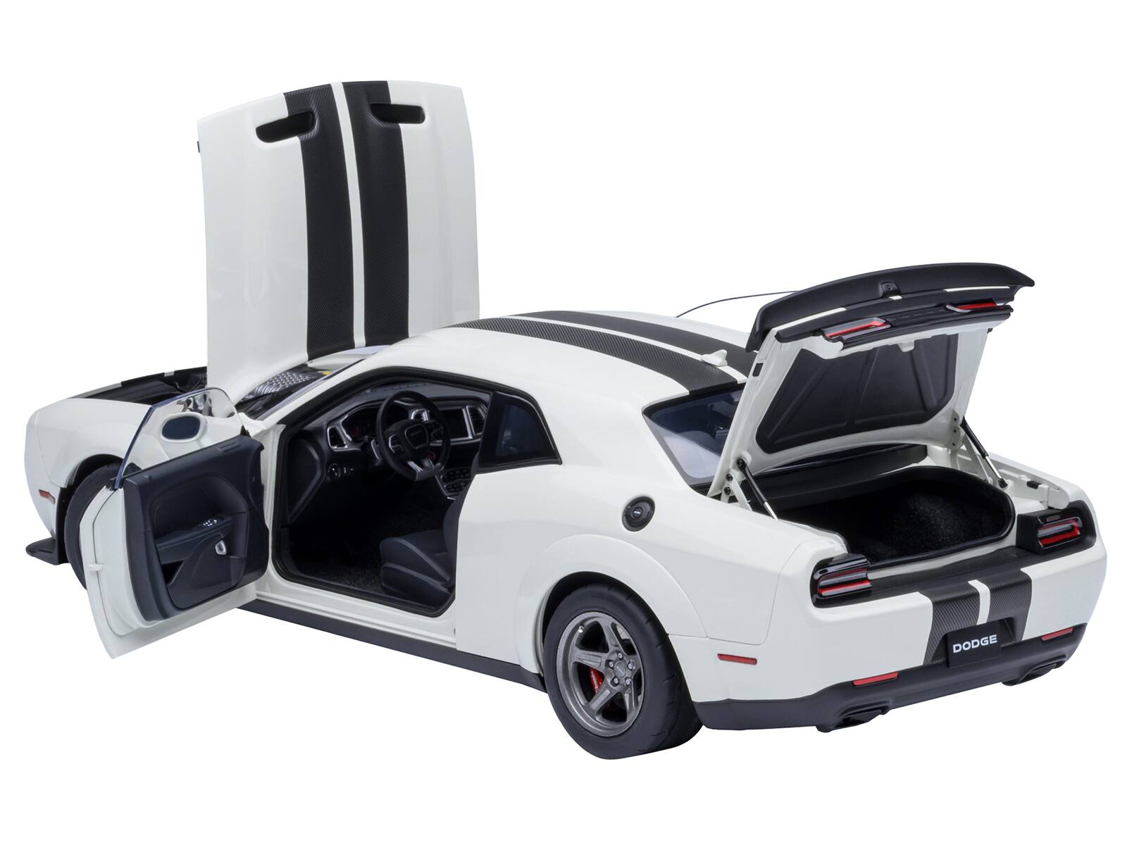 Angle. Autoart - 2023 Dodge Challenger SRT Super Stock Knuckle White with Carbon Stripes 1/18 Model Car by Autoart - White with Carbon Stripes.