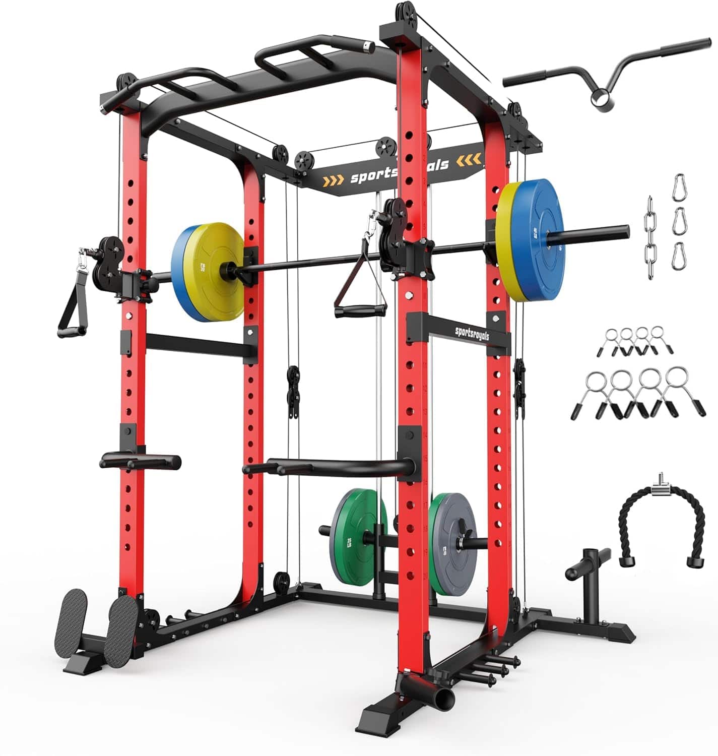 Sportsroyals - Power Cage,1600lbs Multi-Function Power Rack with Adjustable Cable Crossover System , Weight Cage for Home Gym - Red