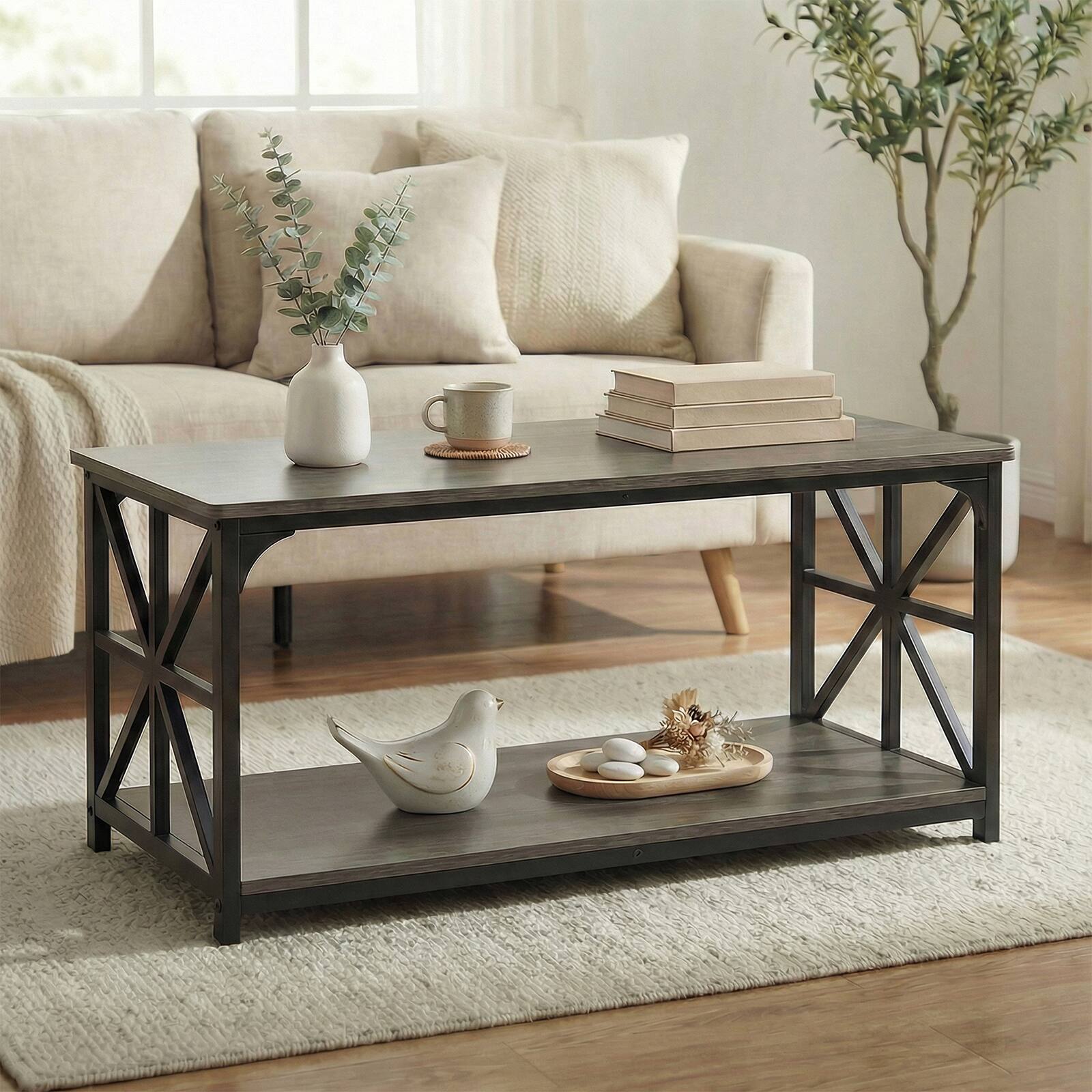 Alt View 1. Costway - Costway 2-Tier Coffee Table, Industrial Accent Table with Dual Star-shaped Metal Frames - Rustic Oak & Black.