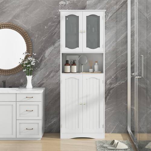 Alt View 1. Ecooso - 64.5 Inches Tall Bathroom Storage Cabinet with Frost Glass Doors and Shelves - White.