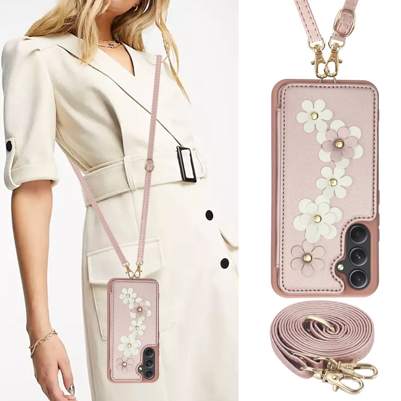 Alt View 5. Dteck - Wallet Case For Samsung Galaxy A17 5G Crossbody Wrist Strap Flower Leather Flip Kickstand Magnetic Snap Cover - Rosegold.
