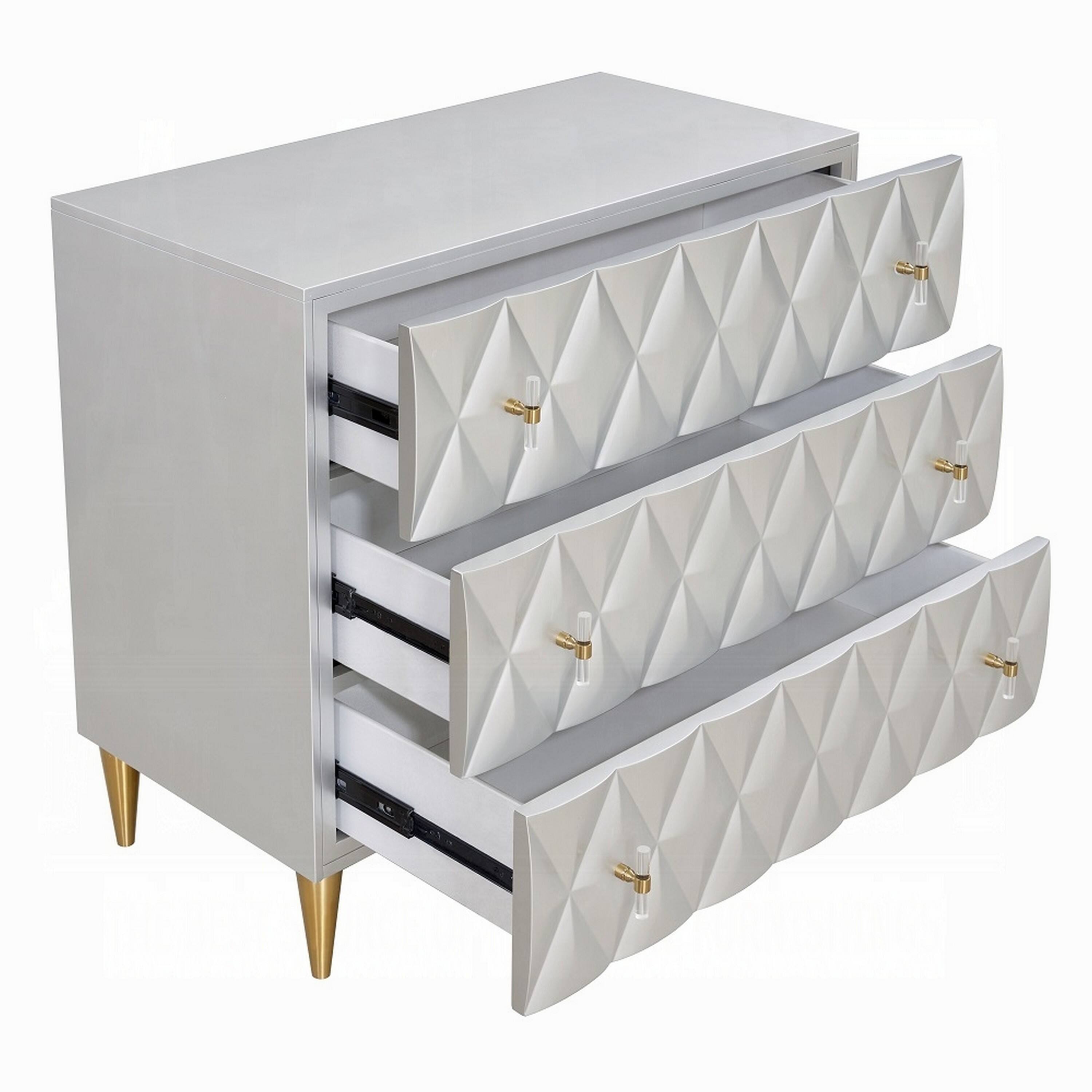 Alt View 3. Manhattan Lane - 36 Inch Wide Nightstand Dresser, Drawers w Jewelry Tray - Metallic Silver, Champagne.