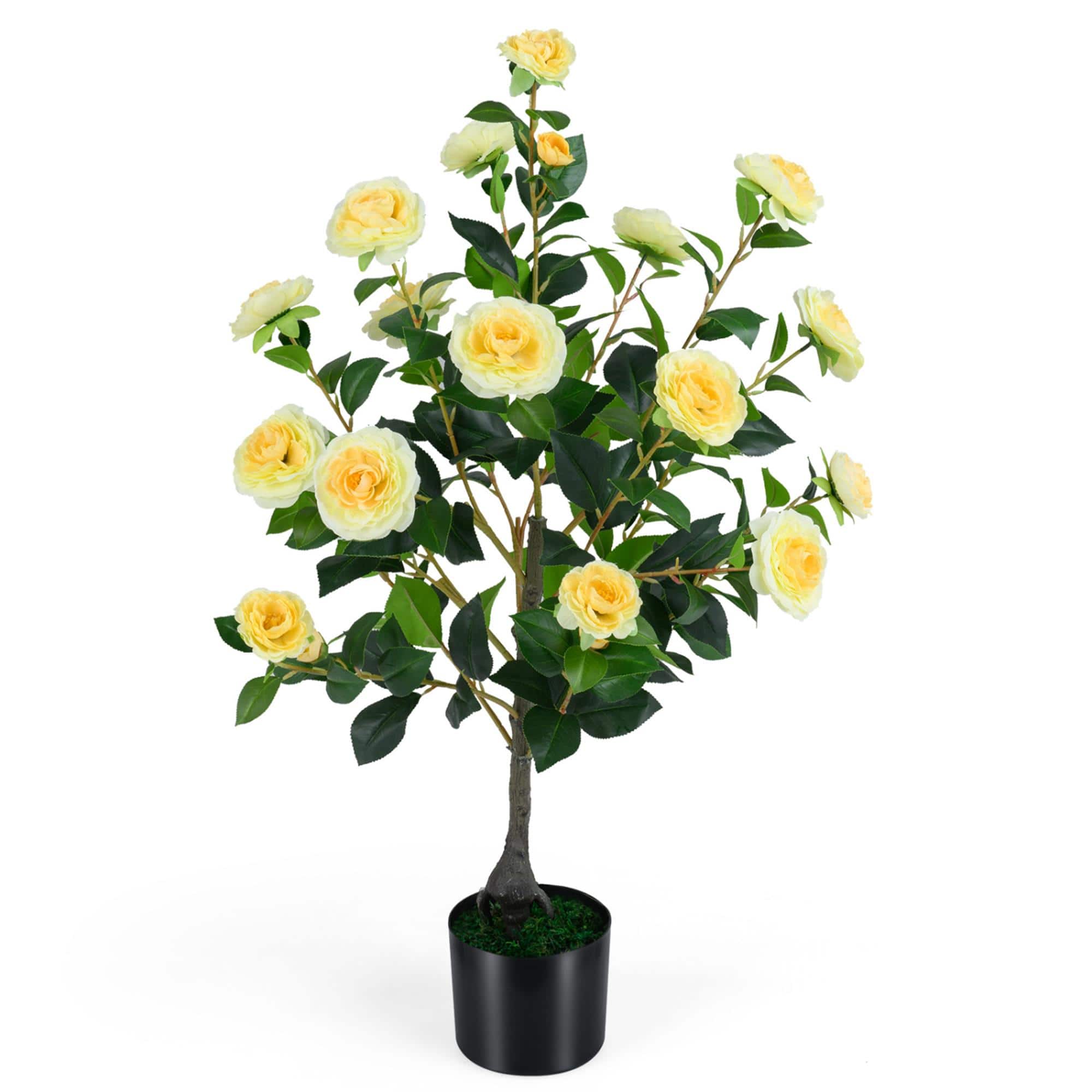 Boyel Living - Artificial Camellia Tree Faux Flower Plant in Cement-Filled Pot - Yellow