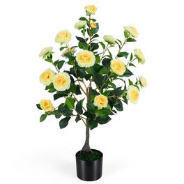 Boyel Living - Artificial Camellia Tree Faux Flower Plant in Cement-Filled Pot - Yellow