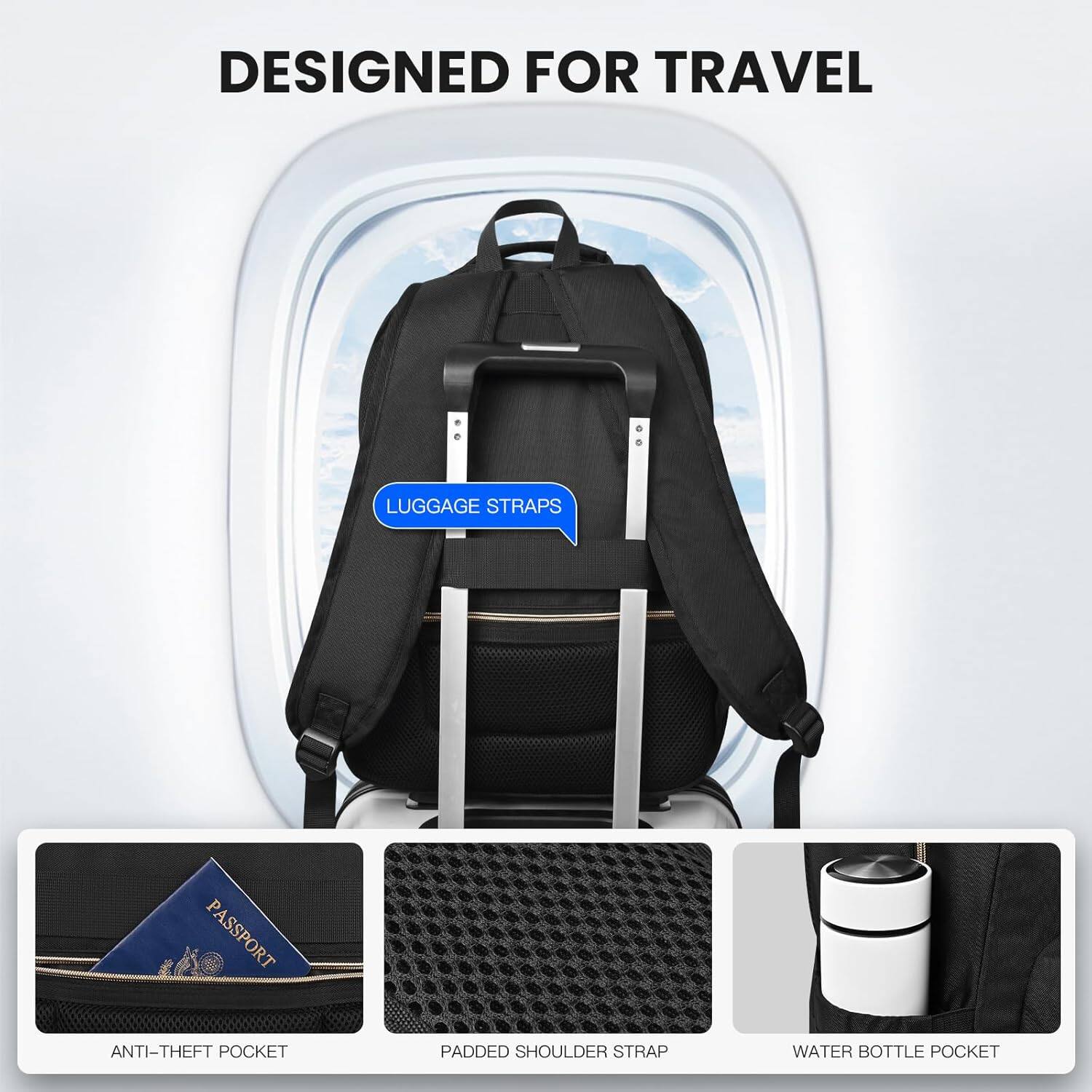 DESIGNED FOR TRAVEL

LUGGAGE STRAPS

ANTI-THEFT POCKET

PADDED SHOULDER STRAP

WATER BOTTLE POCKET