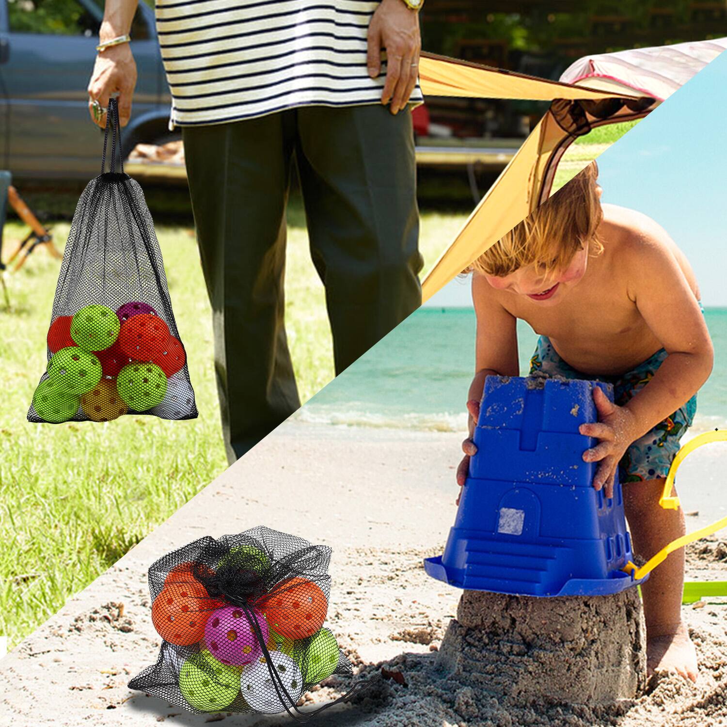 Alt View 3. GSE Games & Sports Expert - 18"x12" Mesh Drawstring Net Bag, Sports Equipment Storage Bag for Gym Gear, Clothes...(Black) - black.