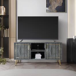 ChaletPosh - Modern Wooden TV Stand Console with Gold Accent Strip, Dark Grey - Dark Gray
