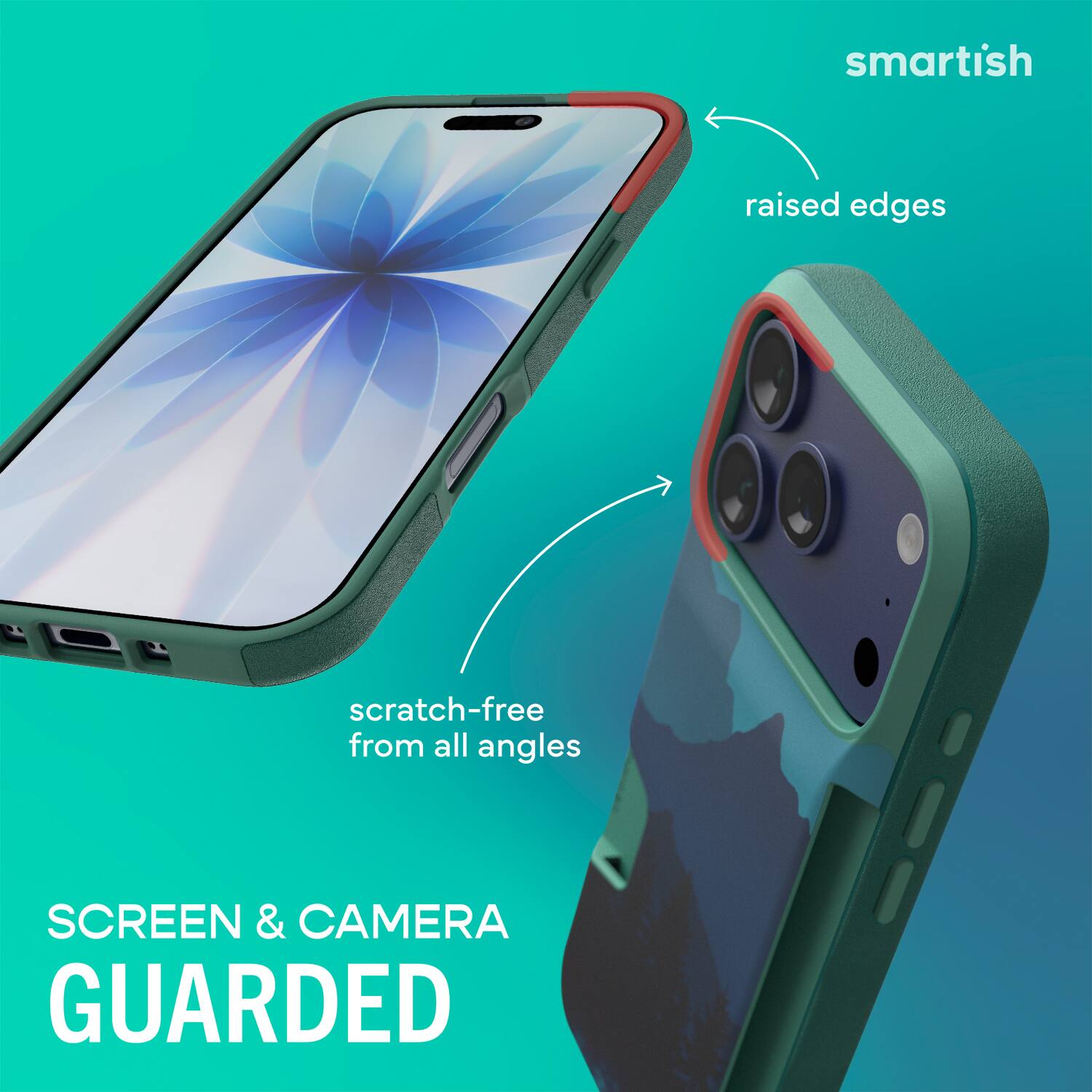 smartish  
raised edges  
scratch-free from all angles  
SCREEN & CAMERA GUARDED