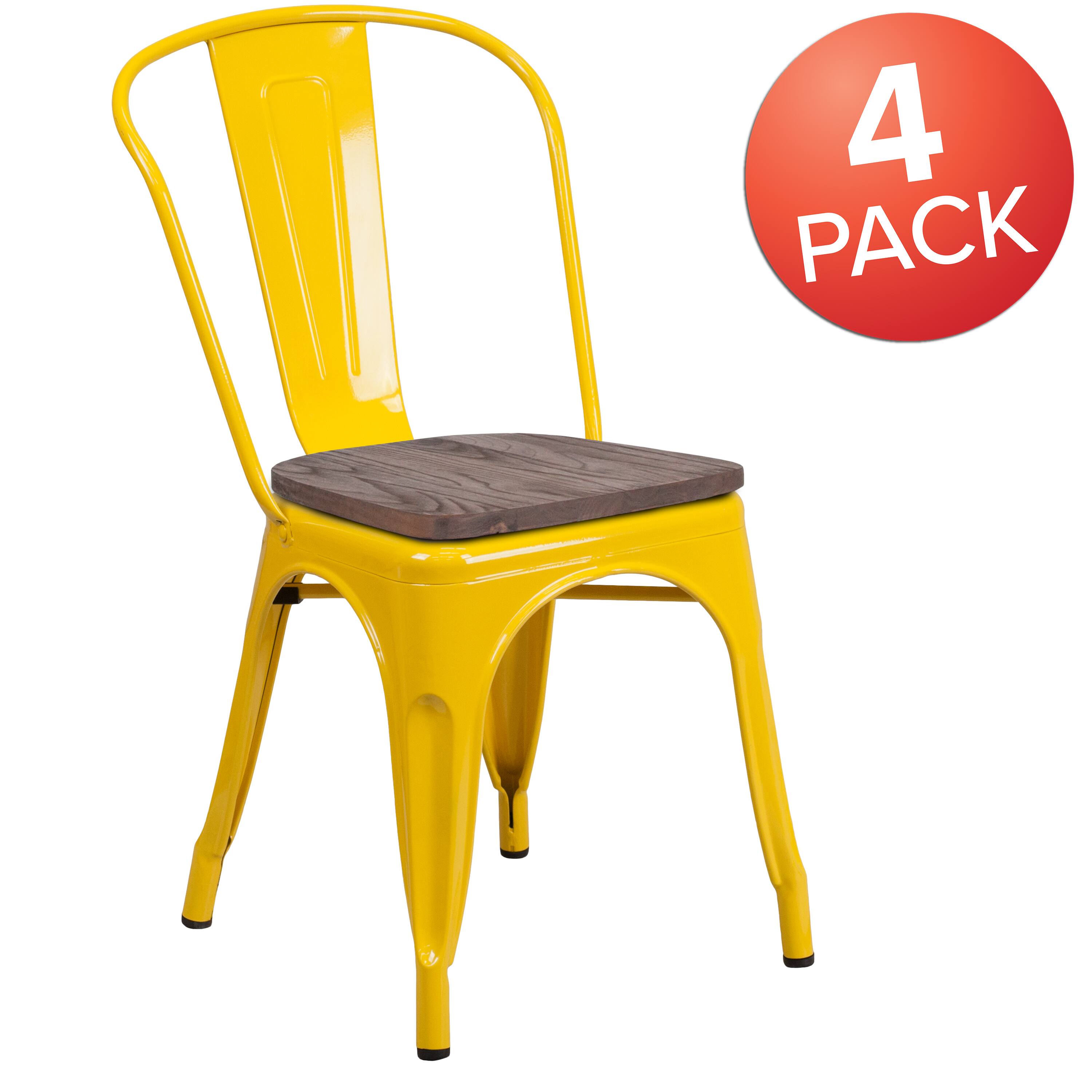 Alt View 2. Emma + Oliver - 4 Pack Metal Stackable Chair with Wood Seat - Yellow.
