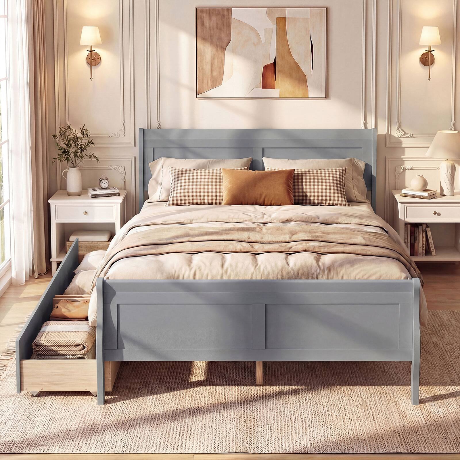 Alt View 3. Costway - Costway Full Size Bed Frame with Storage Drawers, Wood Platform Bed with Headboard Footboard - Gray.