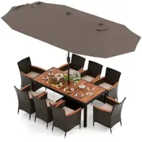 Costway 11 PCS Patio Dining Set with 15ft Double-Sided Patio Umbrella (Base Included) - Mix Brown + Coffee - Front_Zoom