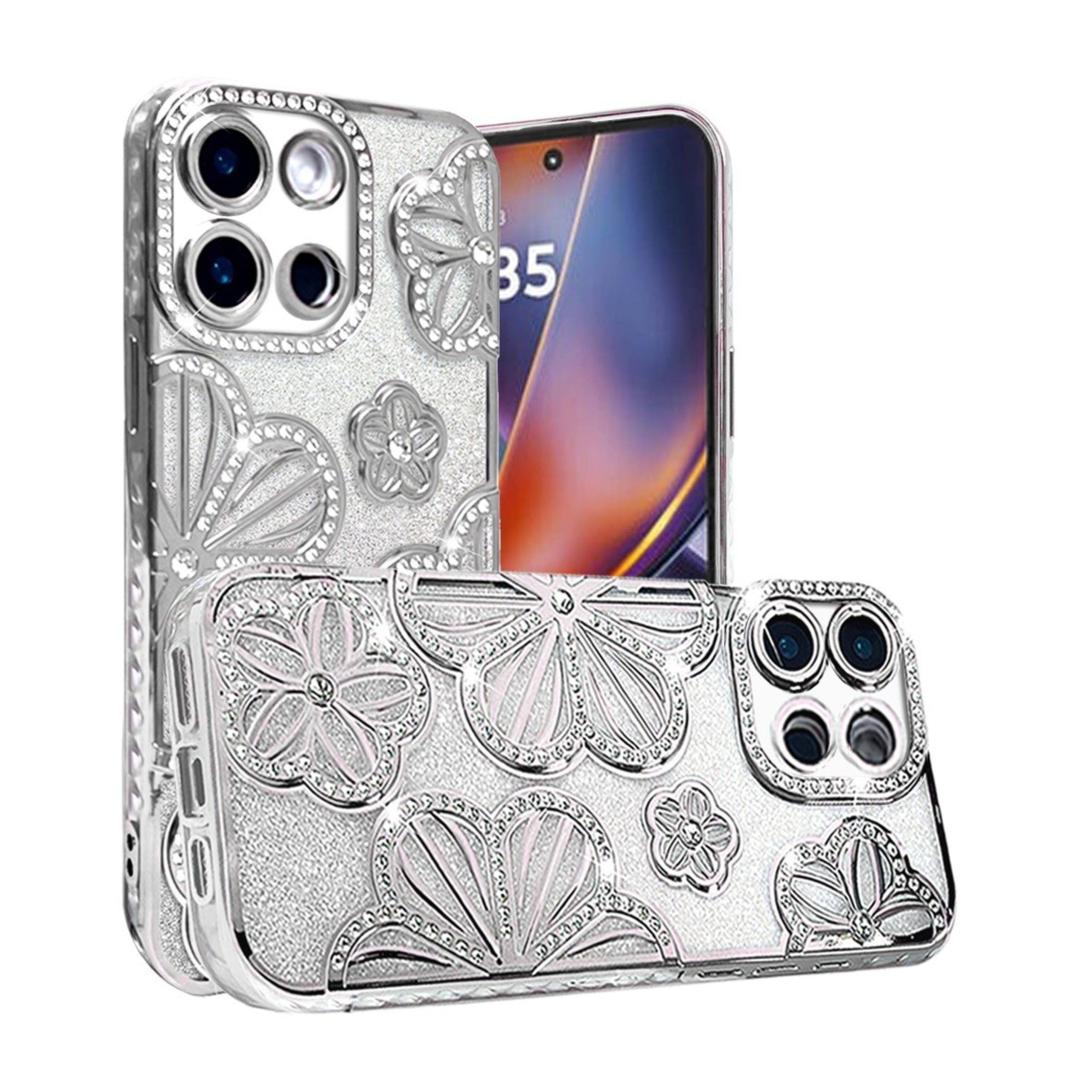 Angle. Kitcheniva - 3D Floral Glitter Phone Case With Tempered Glass For Moto G 2025/2026 / G Play 2026 Silver - Silver.