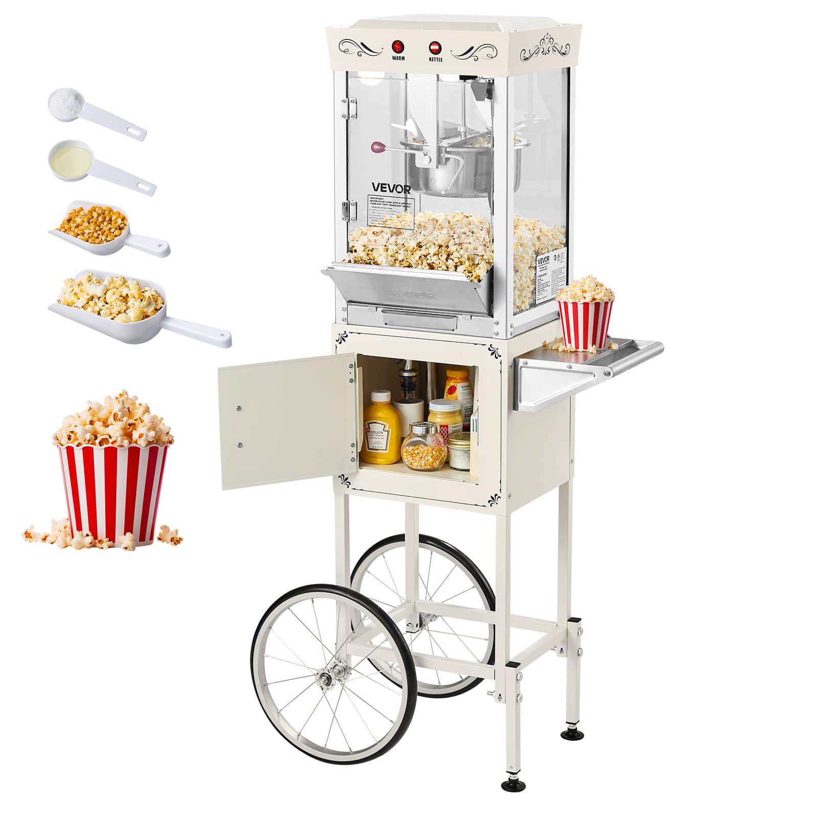 VEVOR - Popcorn Machine with Cart, 8oz Stainless Steel Kettle, 800W Commercial Popcorn Maker, 48 Cups per Batch Theater Style - White