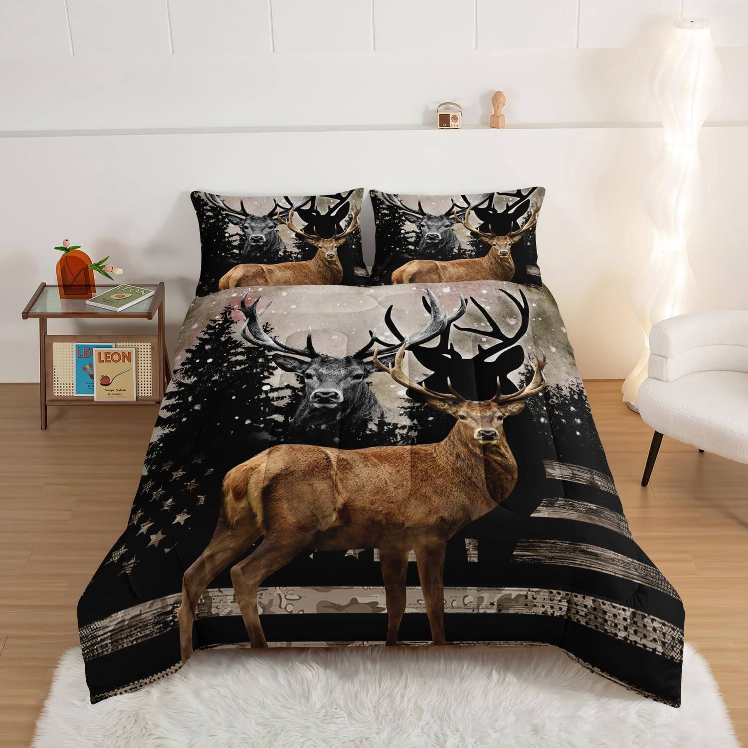 Alt View 2. Wikistore - WIKISTORE Snowy Forest Deer Comforter Set Full Size Camo American Flag Hunting Bedding with 2 Pillowcases - As Picture.