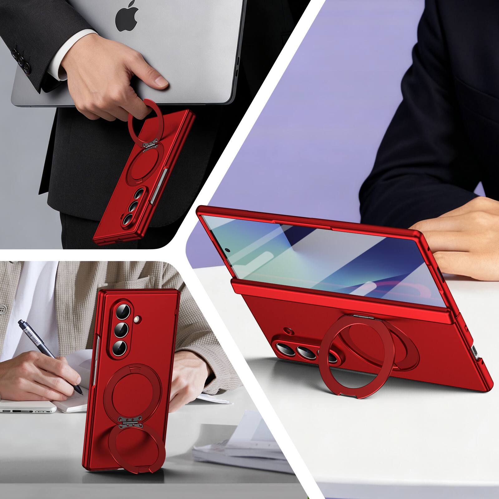 Angle. Dteck - For Samsung Galaxy Z Fold 7 Rugged Case With Screen Protector, Shockproof Magnetic Ring Stand Hinge Protection Cover - Red.