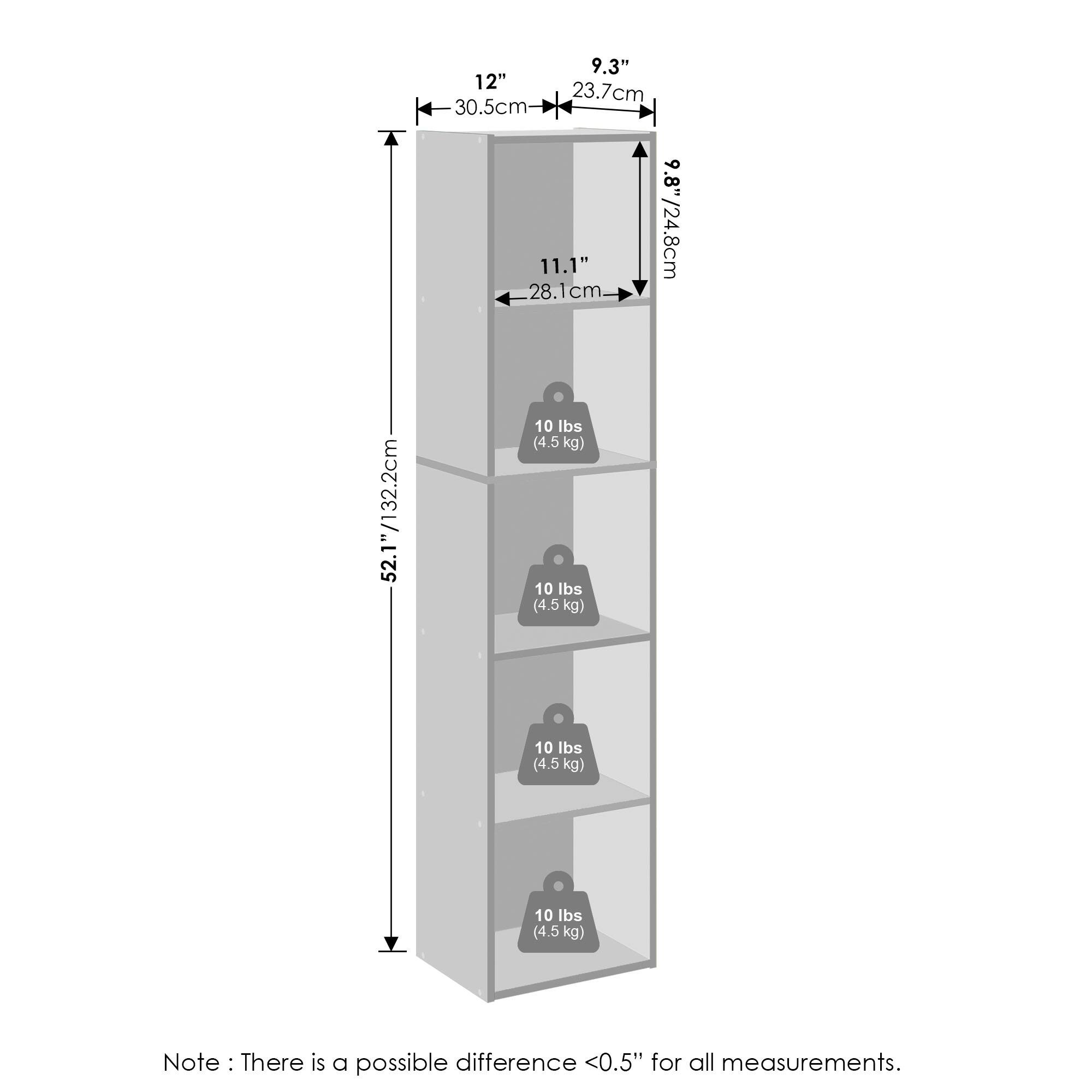 12" / 30.5cm  
9.3" / 23.7cm  
11.1" / 28.1cm  
9.8" / 24.8cm  
52.1" / 132.2cm  
10 lbs (4.5 kg)  
10 lbs (4.5 kg)  
10 lbs (4.5 kg)  
10 lbs (4.5 kg)  

Note: There is a possible difference <0.5" for all measurements.