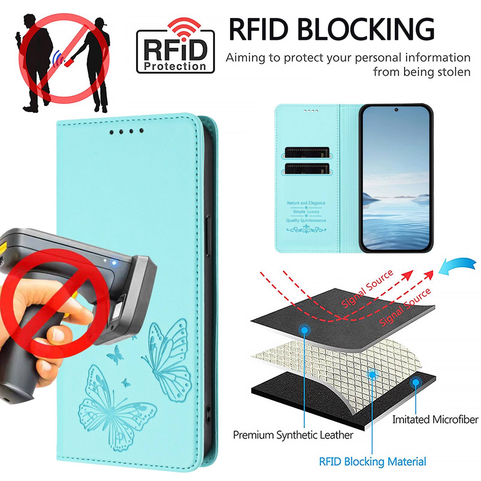 RFID BLOCKING  
Aiming to protect your personal information from being stolen  

Nature and Elegance  
Simple Luxury  
Quality Quintessence  

Premium Synthetic Leather  
Imitated Microfiber  
RFID Blocking Material
