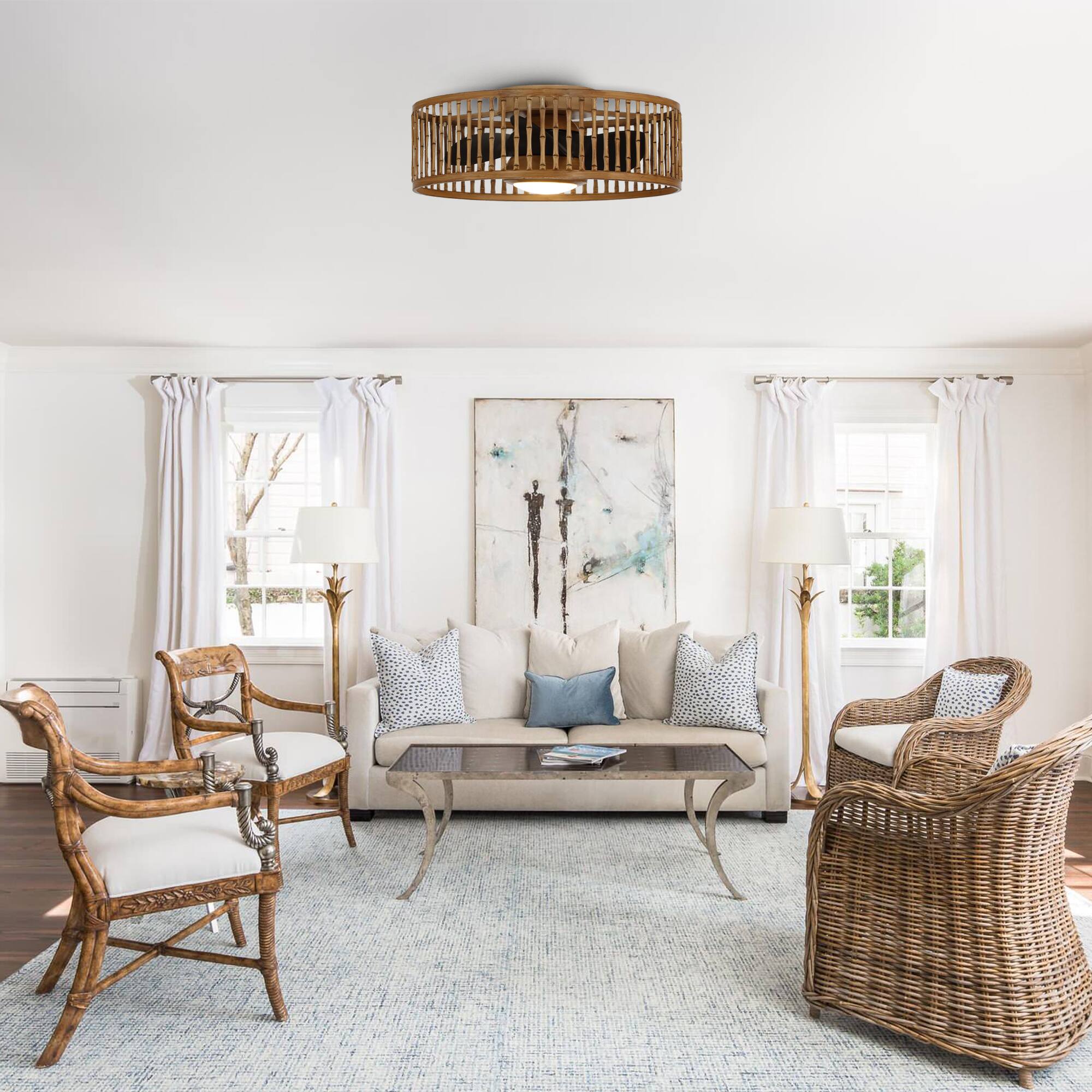 Angle. Parrot Uncle - 20" Farmhouse Brown LED Flush Mount Ceiling Fan with Lights and Remote Control - Brown.