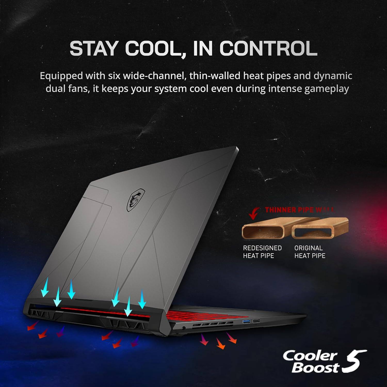 STAY COOL, IN CONTROL

Equipped with six wide-channel, thin-walled heat pipes and dynamic dual fans, it keeps your system cool even during intense gameplay

THINNER PIPE WALL

REDESIGNED HEAT PIPE

ORIGINAL HEAT PIPE

Cooler Boost 5