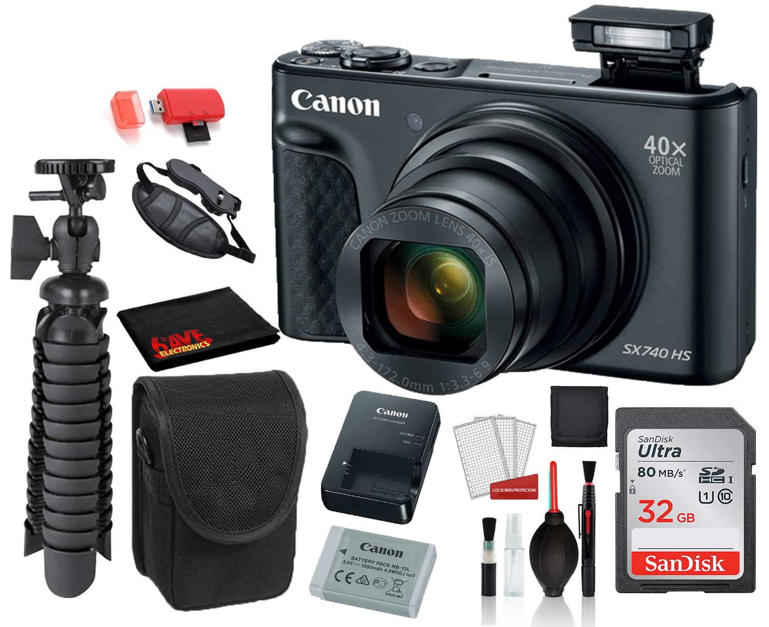 Canon - PowerShot SX740 HS Digital Camera with SanDisk 32gb SD card, Case, 12" Tripod Bundle (International Version) - Black w/ Basic Bundle
