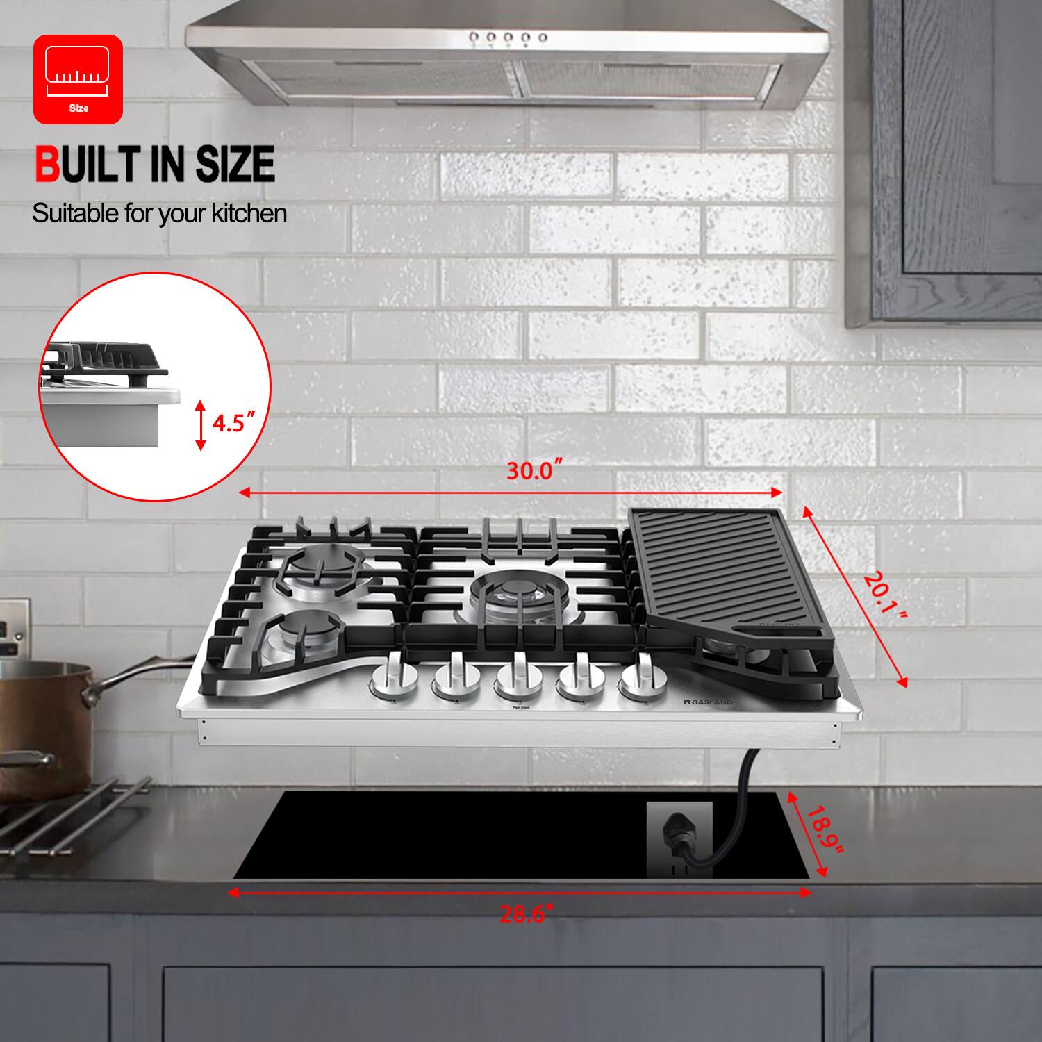 BUILT IN SIZE, Suitable for your kitchen, 4.5", 30.0", 20.1", 18.9", 28.6"