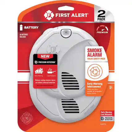 **FIRST ALERT 2 PACK**
- **BATTERY**
- AA BATTERIES INCLUDED
- **NEW PREMIUM**
- PRECISION DETECTION™
- SMOKE ALARM
- VALUE SAFETY PACK
- **Features:**
- Early Warning
- Less Nuisance
- Reduces cooking nuisance alarms and delivers advanced protection
- Early Warning Interconnect
- When one alarm sounds, all compatible* alarms sound
- **10 YEAR LIMITED WARRANTY**
- **Model Number:** 1046772