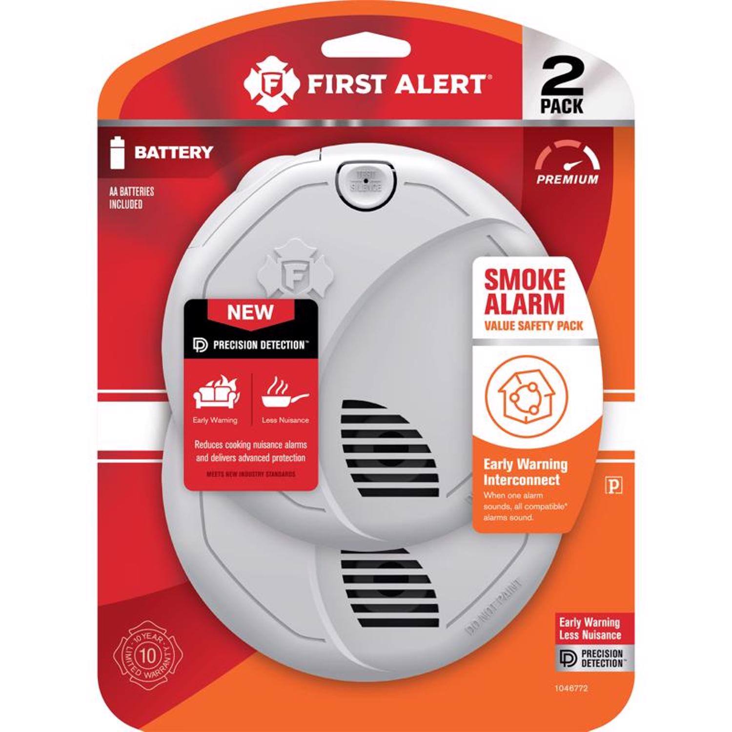 **FIRST ALERT 2 PACK**

- **BATTERY**
  - AA BATTERIES INCLUDED

- **NEW PREMIUM**
  - PRECISION DETECTION™
  - SMOKE ALARM
  - VALUE SAFETY PACK

- **Features:**
  - Early Warning
  - Less Nuisance
  - Reduces cooking nuisance alarms and delivers advanced protection
  - Early Warning Interconnect
    - When one alarm sounds, all compatible* alarms sound

- **10 YEAR LIMITED WARRANTY**

- **Model Number:** 1046772
