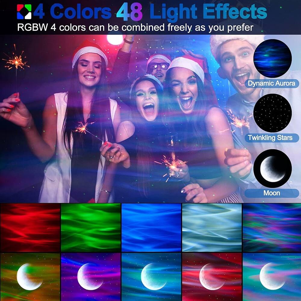 4 Colors 48 Light Effects  
RGBW 4 colors can be combined freely as you prefer  

Dynamic Aurora  
Twinkling Stars  
Moon