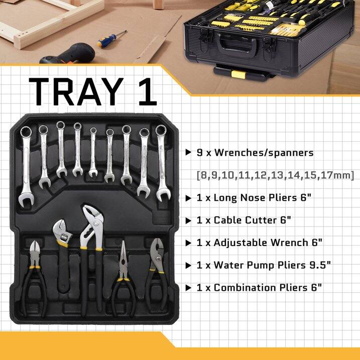 TRAY 1

- 9 x Wrenches/spanners [8, 9, 10, 11, 12, 13, 14, 15, 17 mm]
- 1 x Long Nose Pliers 6"
- 1 x Cable Cutter 6"
- 1 x Adjustable Wrench 6"
- 1 x Water Pump Pliers 9.5"
- 1 x Combination Pliers 6"