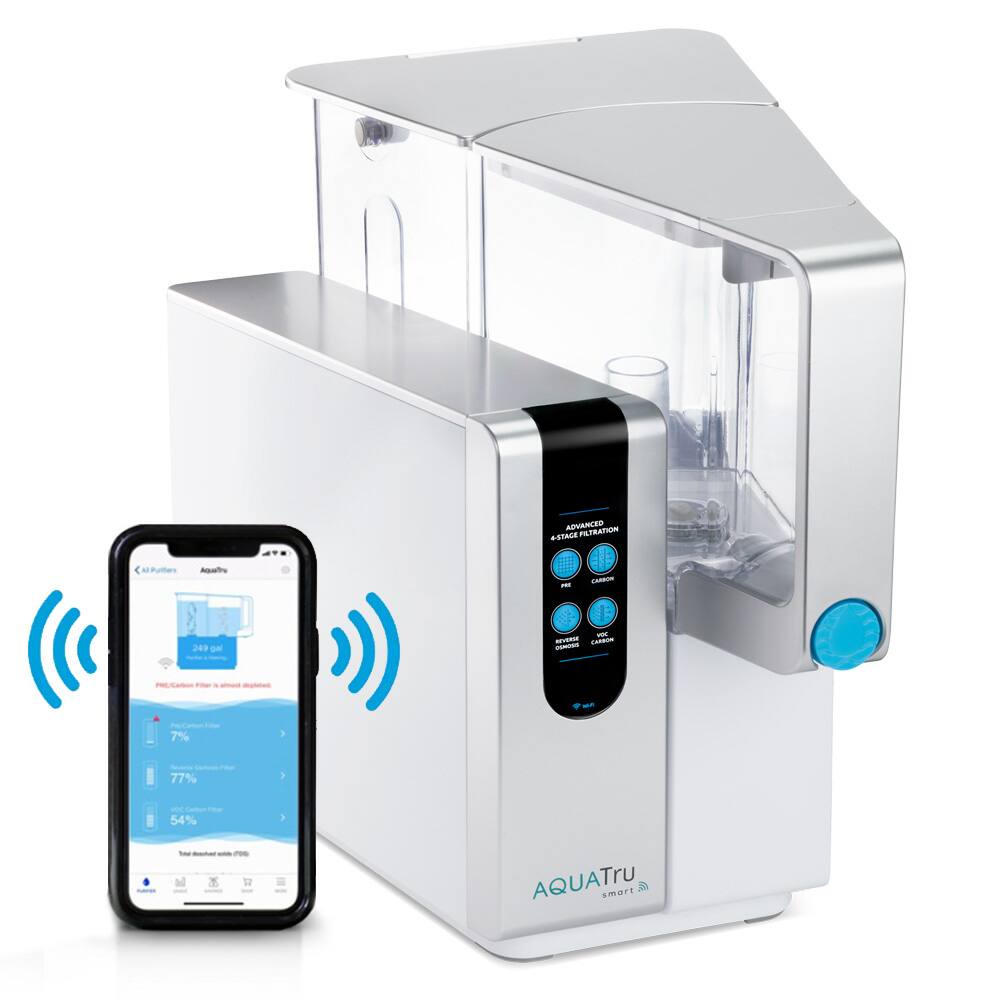 ADVANCED 5-STAGE FILTRATION  
- PRE-CARTRIDGE FILTER  
- CARBON FILTER  
- CERAMIC FILTER  
- VACUUM FILTER  
- OZONE FILTER  

AQUATRU  
smart  

All Filters  
249 GPH  
PRE-CARTRIDGE FILTER is about depleted  
7%  
77%  
54%  
Total water used: 100