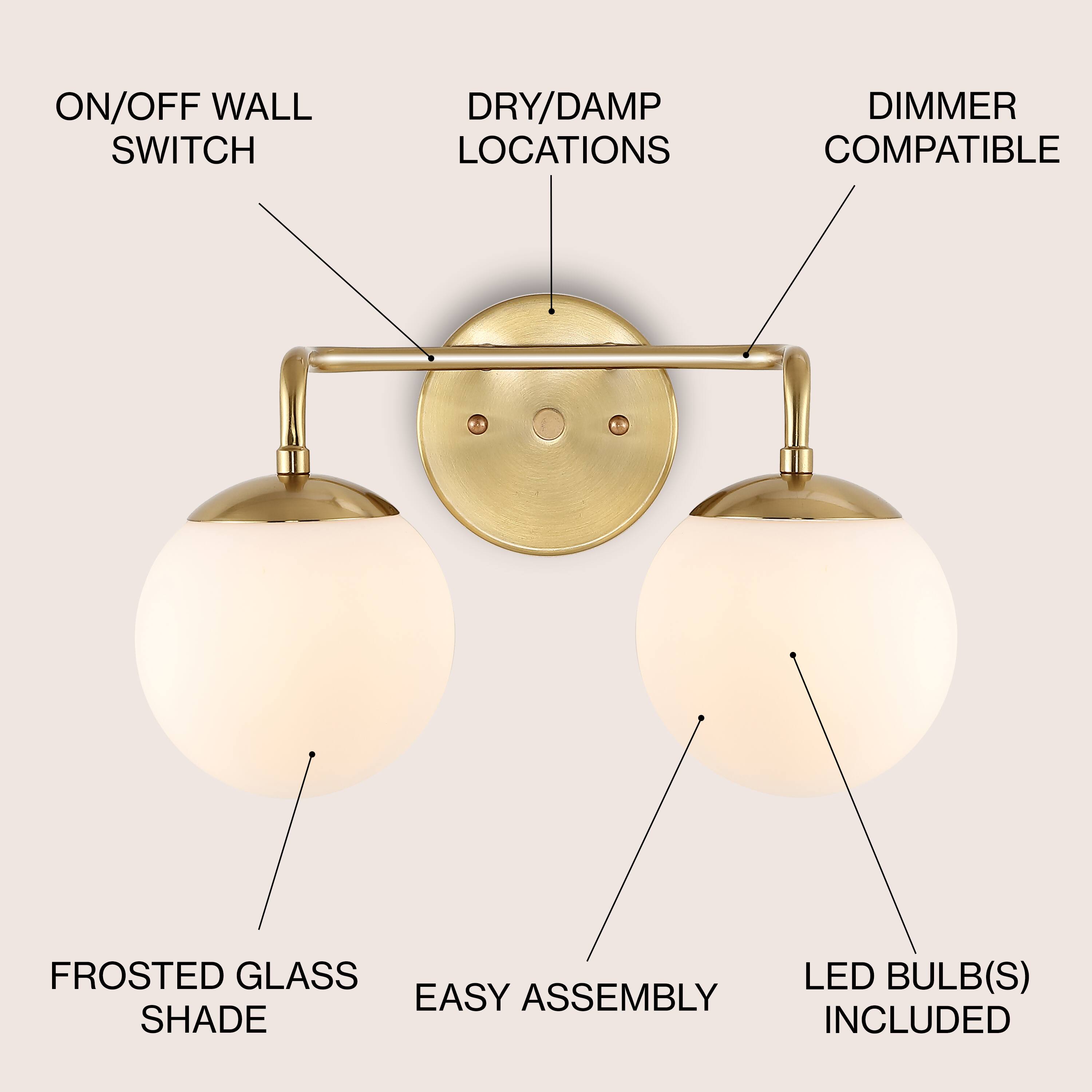 - ON/OFF WALL SWITCH
- DRY/DAMP LOCATIONS
- DIMMER COMPATIBLE
- FROSTED GLASS SHADE
- EASY ASSEMBLY
- LED BULB(S) INCLUDED