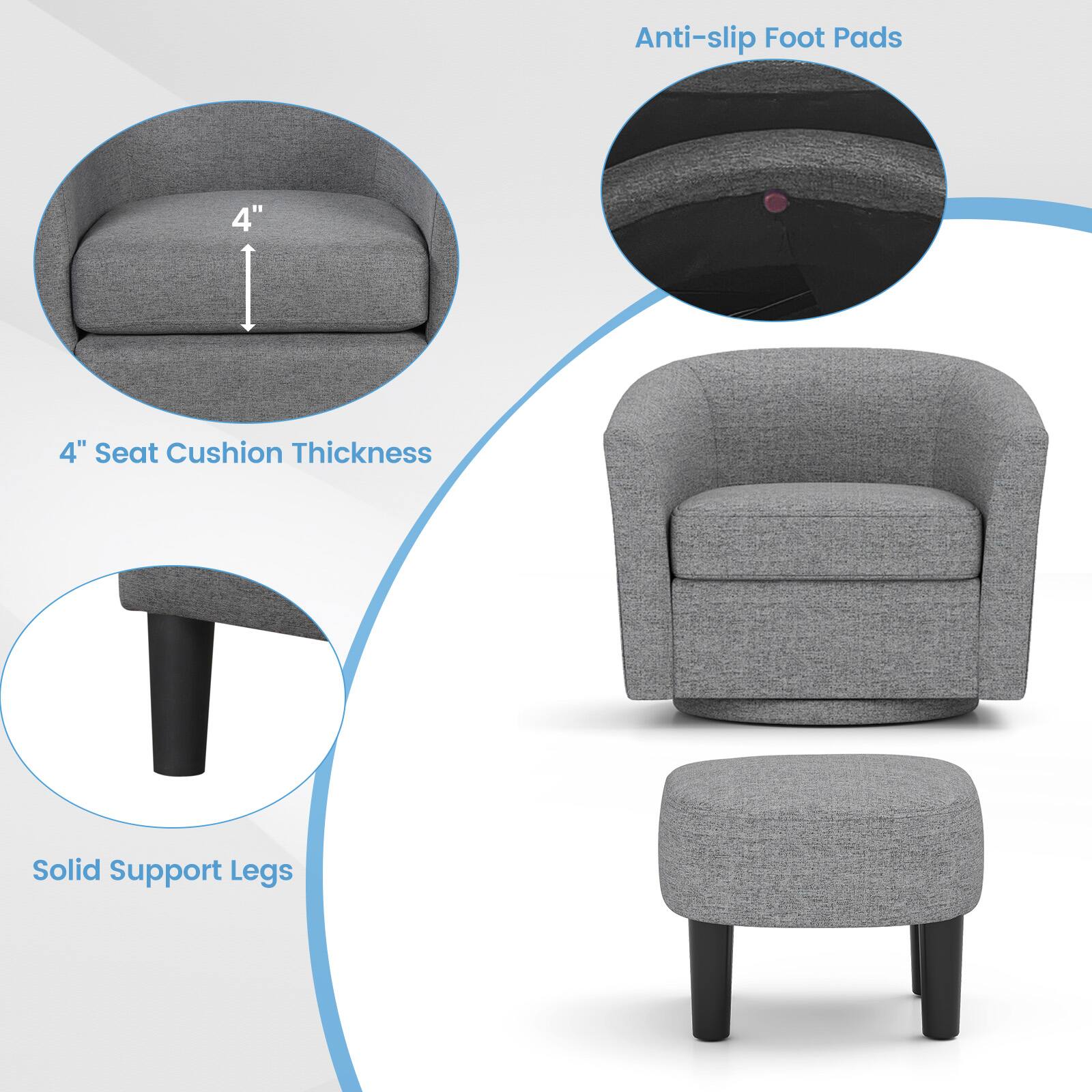 Anti-slip Foot Pads

4" Seat Cushion Thickness

Solid Support Legs