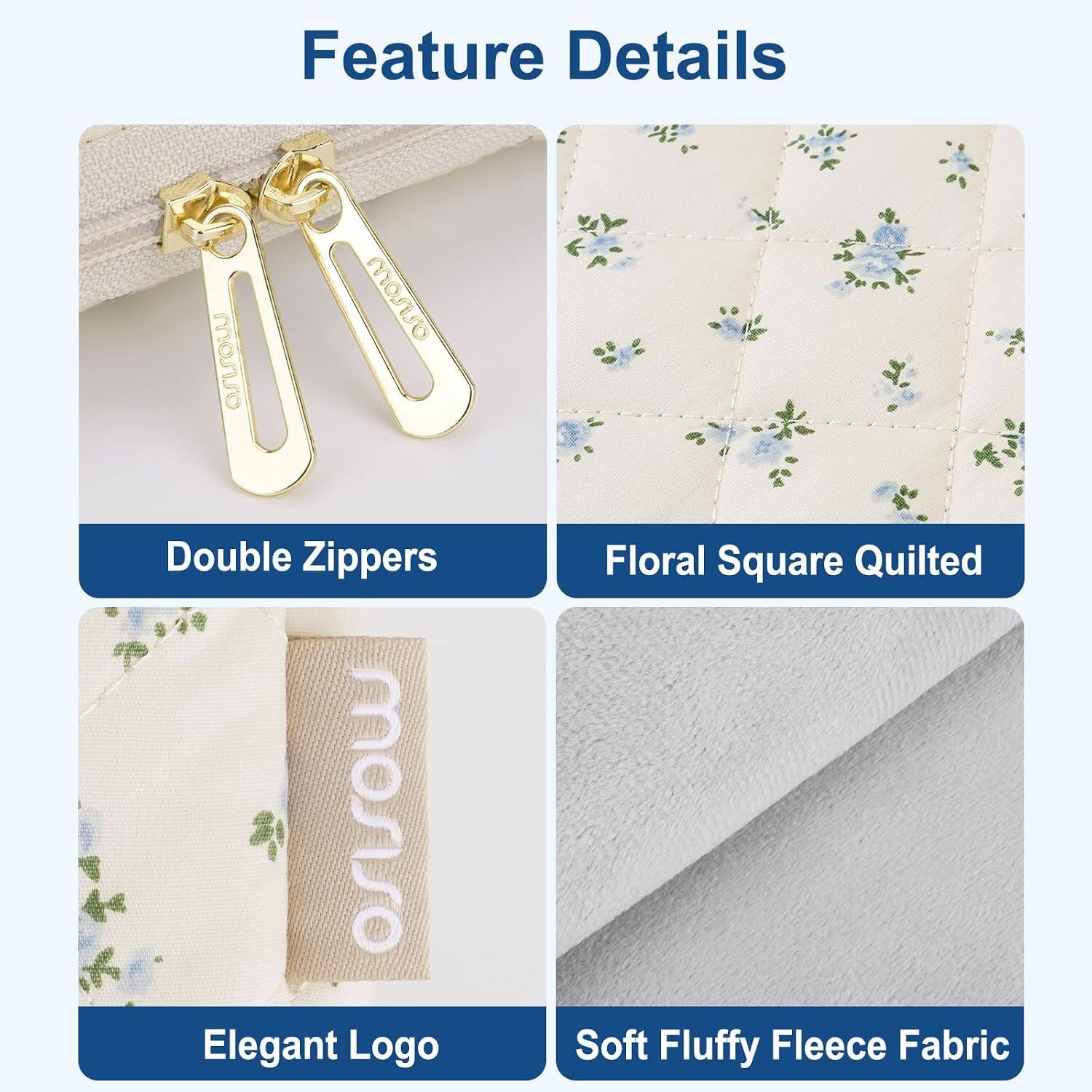 Feature Details  
mosiso worno Double Zippers Elegant Logo  
Floral Square Quilted Soft Fluffy Fleece Fabric