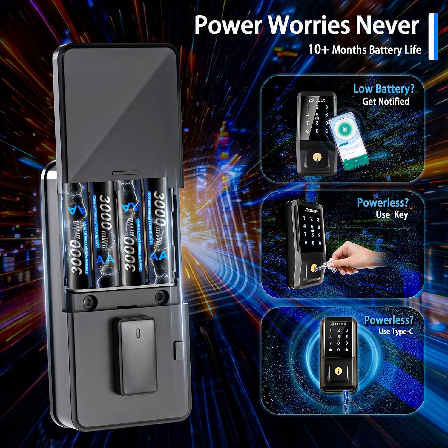 Power Worries Never  
10+ Months Battery Life  

Low Battery? Get Notified  

Powerless? Use Key  

Powerless? Use Type-C